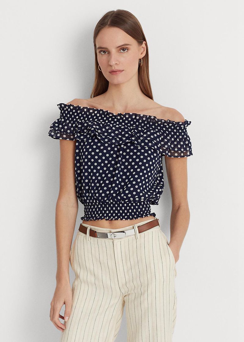 ローレン トップス レディース ネイビー Polka-dot Off-the-ショルダー Blouse WBPHC4609